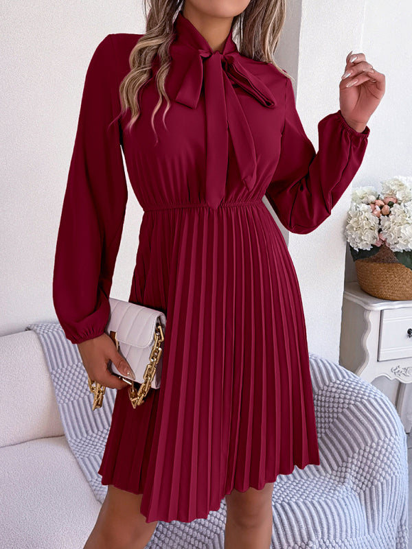 Pleated Dresses- Fall-Winter Solid High Neck Bishop Sleeve Pleated Dress- Wine Red- Pekosa Women Clothing