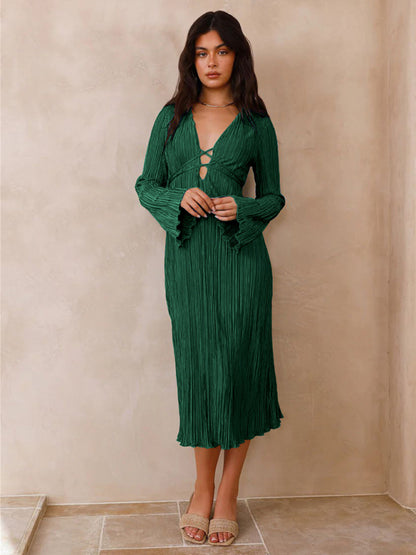 Pleated Dresses- Lace-Up Plisse Long Sleeve Plunging Midi Dress- Green black jasper- Pekosa Women Clothing