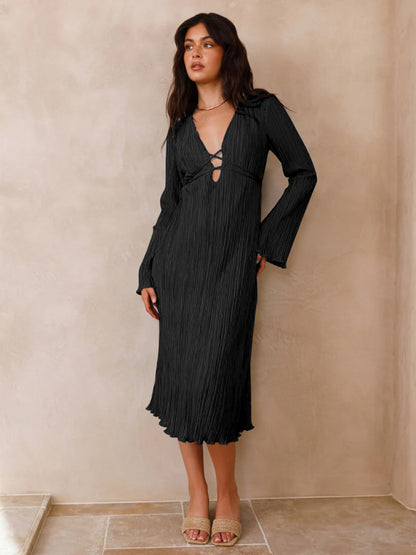 Pleated Dresses- Lace-Up Plisse Long Sleeve Plunging Midi Dress- - Pekosa Women Clothing