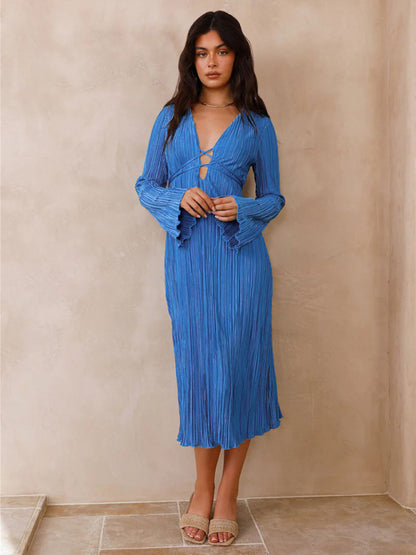 Pleated Dresses- Lace-Up Plisse Long Sleeve Plunging Midi Dress- - Pekosa Women Clothing