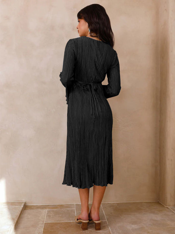 Pleated Dresses- Lace-Up Plisse Long Sleeve Plunging Midi Dress- - Pekosa Women Clothing