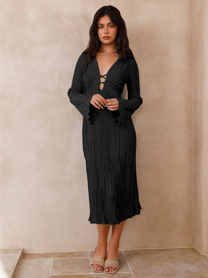 Pleated Dresses- Lace-Up Plisse Long Sleeve Plunging Midi Dress- Black- Pekosa Women Clothing