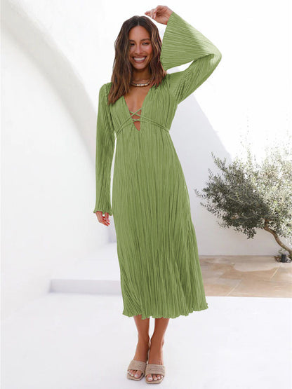 Pleated Dresses- Lace-Up Plisse Long Sleeve Plunging Midi Dress- Green- Pekosa Women Clothing