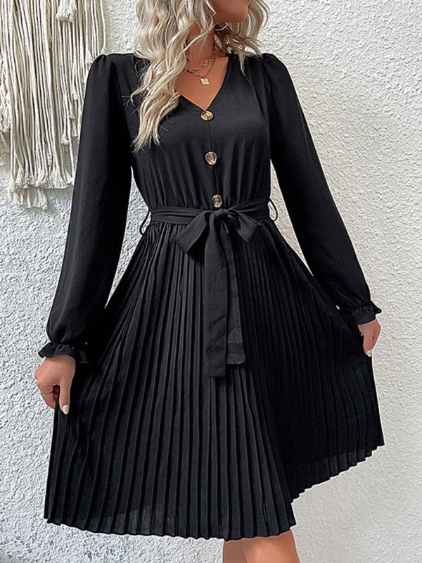 Pleated Dresses- Solid Pleated Long Sleeve Belted Dress- - Pekosa Women Clothing