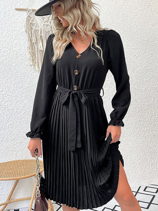 Pleated Dresses- Solid Pleated Long Sleeve Belted Dress- Black- Pekosa Women Clothing