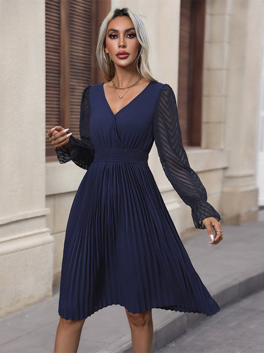 Pleated Dresses- Solid Pleated Plisse Open Back A-Line Midi Dress- Champlain color- Pekosa Women Clothing