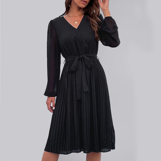 Pleated Dresses- Solid Pleated Wrap Long Sleeve Belt Tie Dress- Black- Pekosa Women Clothing