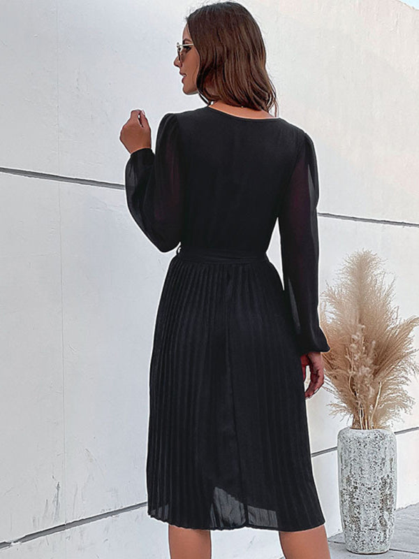 Pleated Dresses- Solid Pleated Wrap Long Sleeve Belt Tie Dress- - Pekosa Women Clothing