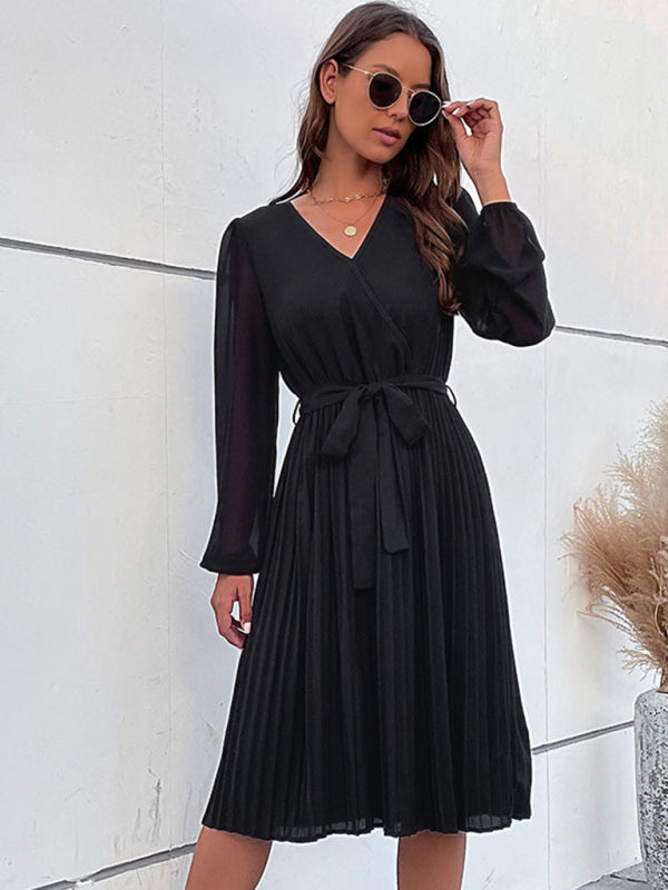 Pleated Dresses- Solid Pleated Wrap Long Sleeve Belt Tie Dress- - Pekosa Women Clothing