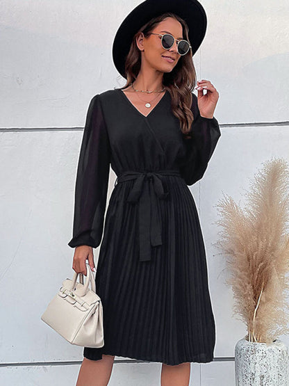 Pleated Dresses- Solid Pleated Wrap Long Sleeve Belt Tie Dress- - Pekosa Women Clothing