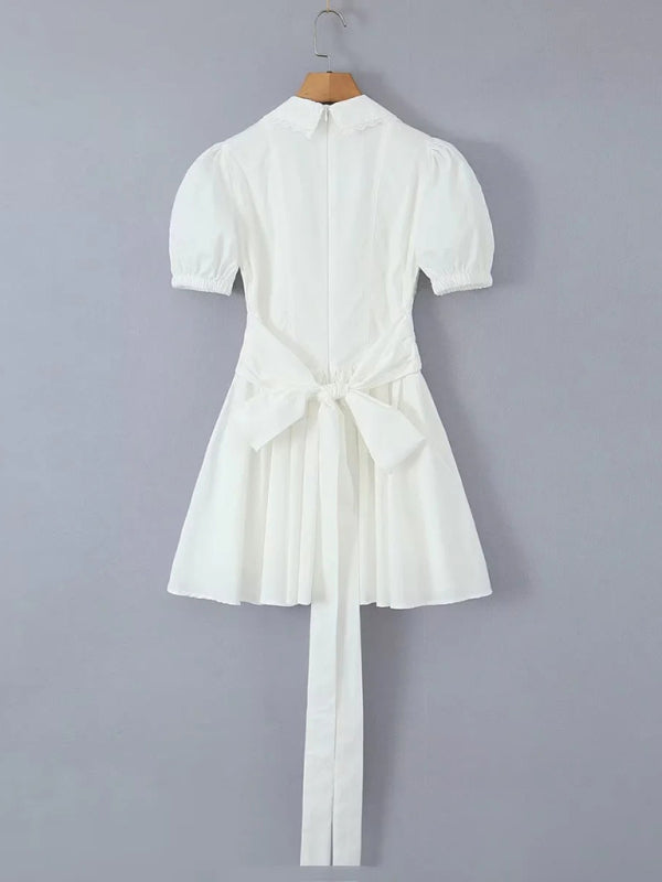 Pleated mini dresses- Solid Cotton Puff Mini Dress- - Pekosa Women Clothing