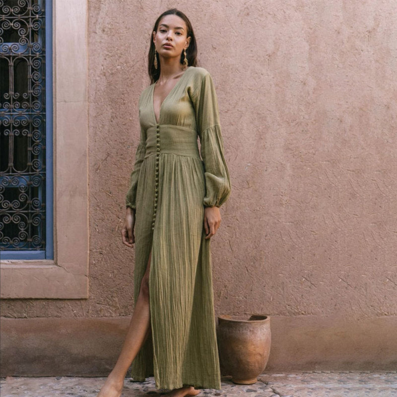 Plisse Maxi Dresses- Plisse Draped Plunge Maxi Dress- Green- Pekosa Women Clothing