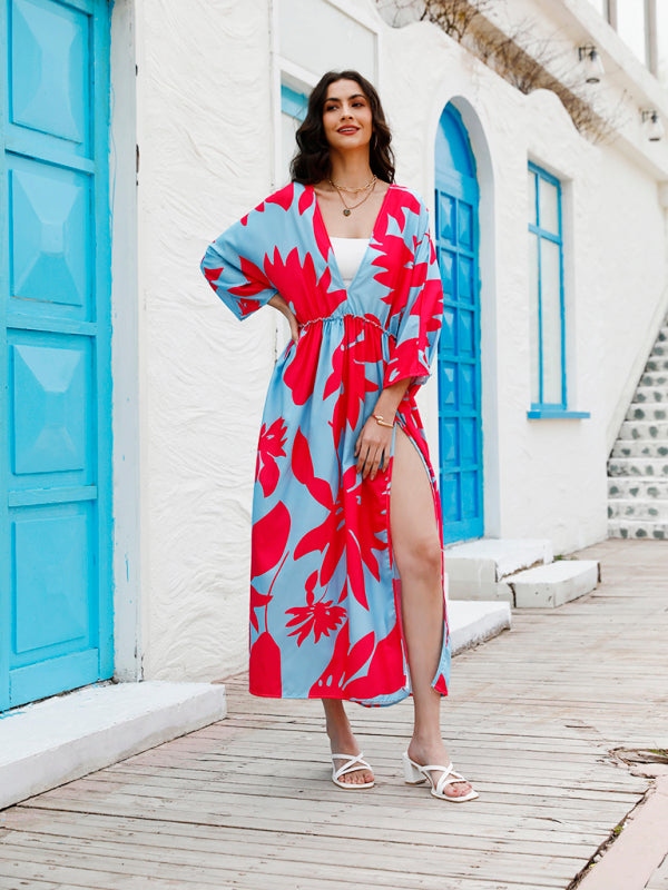 Plunge Dresses- Tropical Print Plunging Neck Slit Long Dress- Red- Pekosa Women Clothing