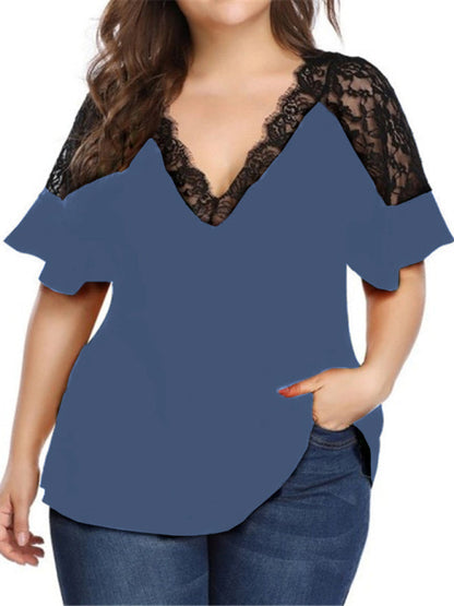 Plus Size Blouses- Curvy V-Neck Blouse with Lace Accents- - Pekosa Women Fashion