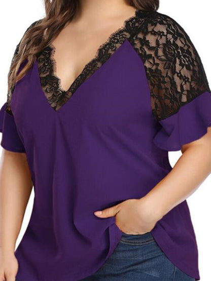 Plus Size Blouses- Curvy V-Neck Blouse with Lace Accents- Purple- Pekosa Women Fashion