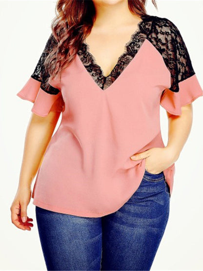 Plus Size Blouses- Curvy V-Neck Blouse with Lace Accents- Pink- Pekosa Women Fashion