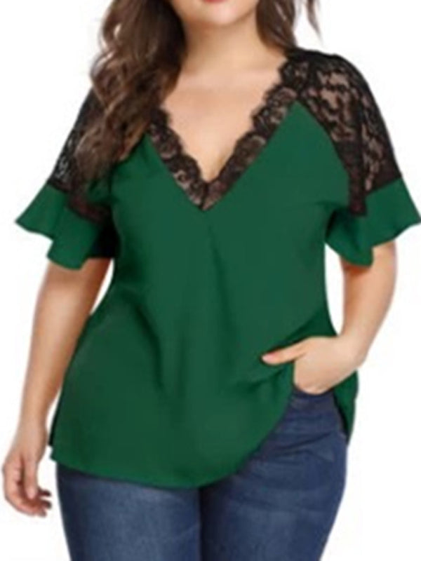 Plus Size Blouses- Curvy V-Neck Blouse with Lace Accents- Green- Pekosa Women Fashion