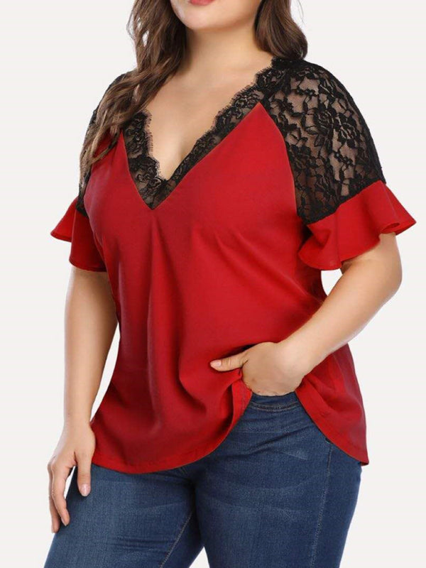 Plus Size Blouses- Curvy V-Neck Blouse with Lace Accents- Red- Pekosa Women Fashion