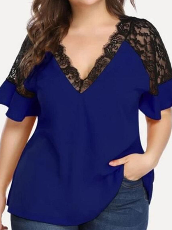 Plus Size Blouses- Curvy V-Neck Blouse with Lace Accents- Blue- Pekosa Women Fashion