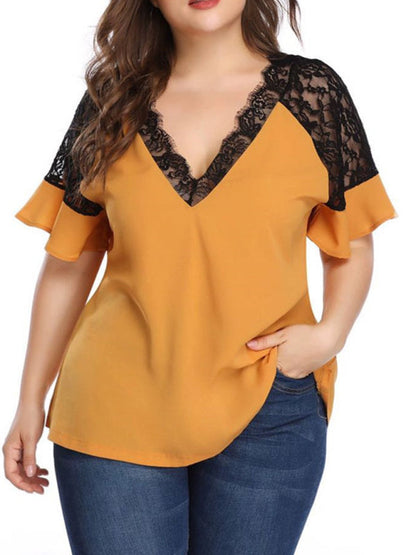 Plus Size Blouses- Curvy V-Neck Blouse with Lace Accents- Yellow- Pekosa Women Fashion