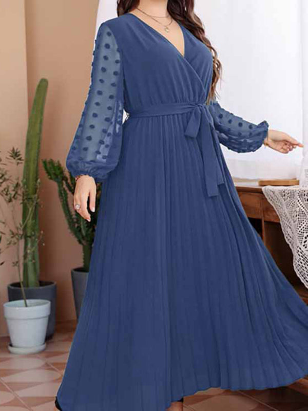 Plus Size Dresses- Belted Long Dress with Polka Dot Mesh Sleeves for Curvy Queens- - Pekosa Women Fashion