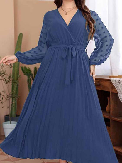 Plus Size Dresses- Belted Long Dress with Polka Dot Mesh Sleeves for Curvy Queens- Blue- Pekosa Women Fashion