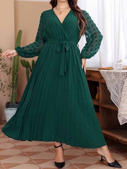 Plus Size Dresses- Belted Long Dress with Polka Dot Mesh Sleeves for Curvy Queens- Green- Pekosa Women Fashion