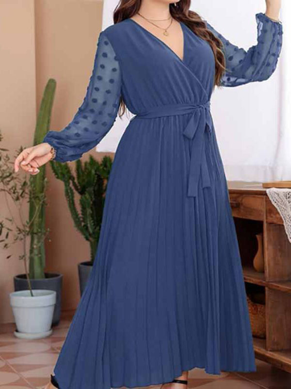 Plus Size Dresses- Belted Long Dress with Polka Dot Mesh Sleeves for Curvy Queens- - Pekosa Women Fashion