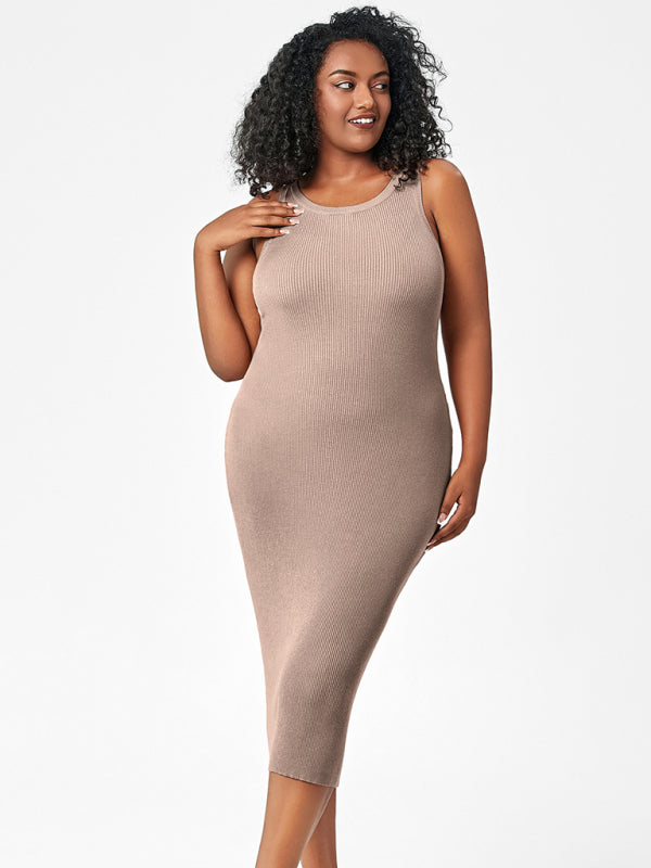 Plus Size Dresses- Curve-Hugging Plus Size Knit Bodycon Tank Dress- - Pekosa Women Fashion