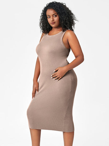 Plus Size Dresses- Curve-Hugging Plus Size Knit Bodycon Tank Dress- - Pekosa Women Fashion