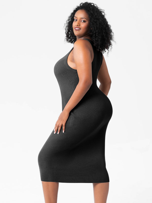 Plus Size Dresses- Curve-Hugging Plus Size Knit Bodycon Tank Dress- - Pekosa Women Fashion