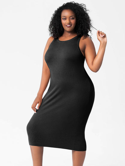 Plus Size Dresses- Curve-Hugging Plus Size Knit Bodycon Tank Dress- - Pekosa Women Fashion