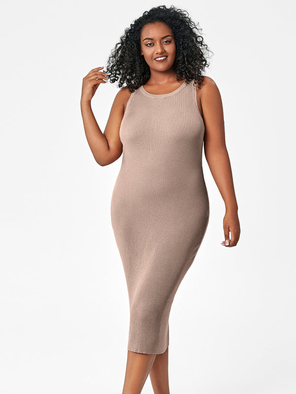 Plus Size Dresses- Curve-Hugging Plus Size Knit Bodycon Tank Dress- Camel- Pekosa Women Fashion