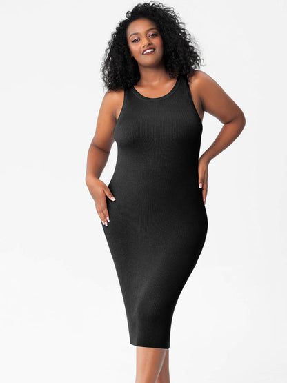 Plus Size Dresses- Curve-Hugging Plus Size Knit Bodycon Tank Dress- Black- Pekosa Women Fashion