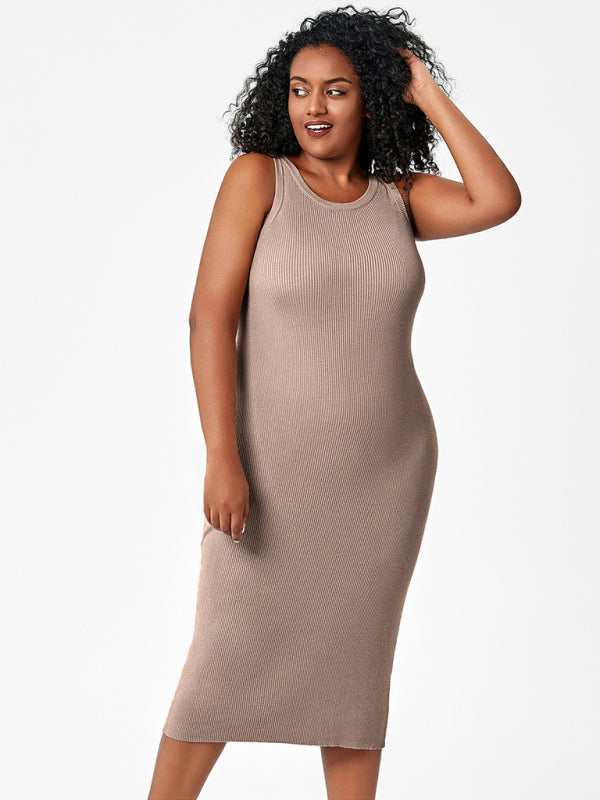 Plus Size Dresses- Curve-Hugging Plus Size Knit Bodycon Tank Dress- - Pekosa Women Fashion