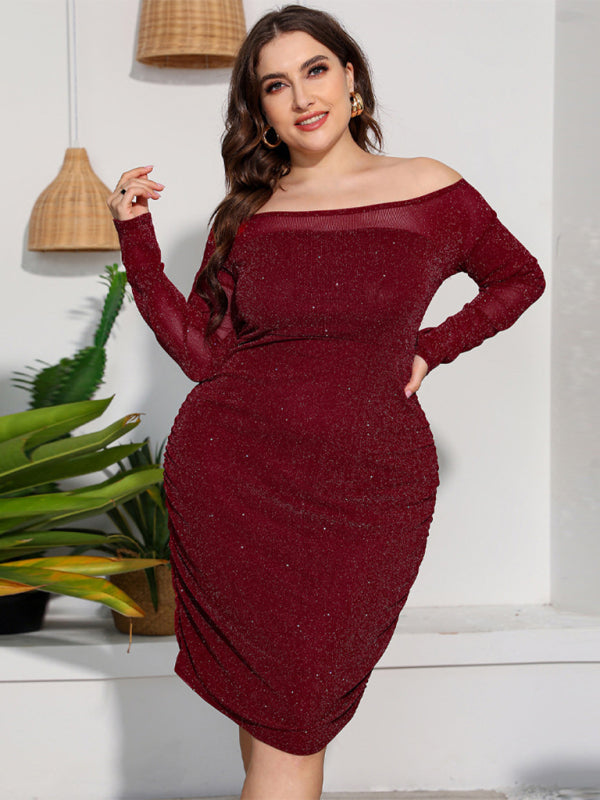 Plus Size Dresses- Elegant Plus Size Sparkle Off Shoulder Bodycon Dress- - Pekosa Women Fashion