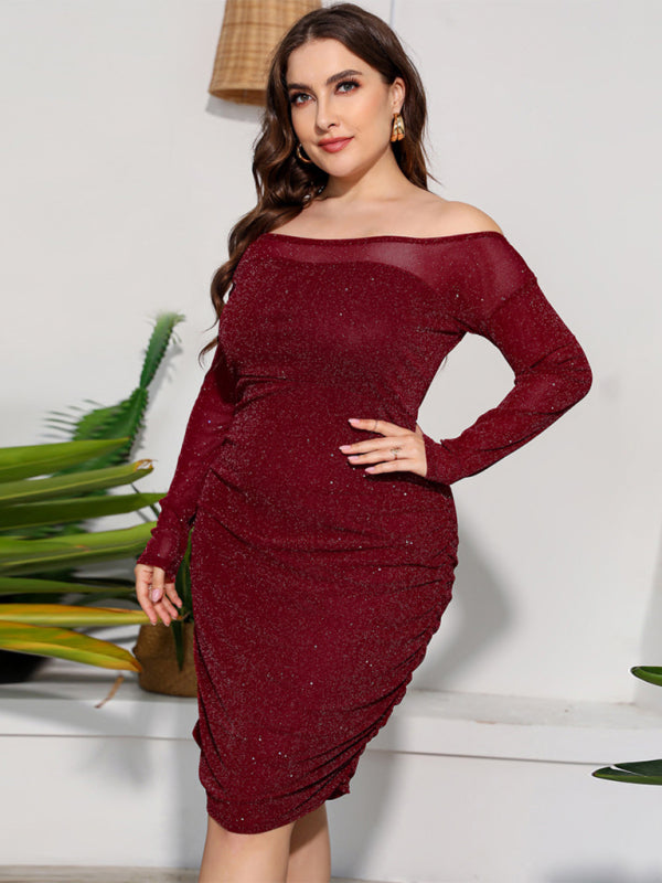 Plus Size Dresses- Elegant Plus Size Sparkle Off Shoulder Bodycon Dress- - Pekosa Women Fashion