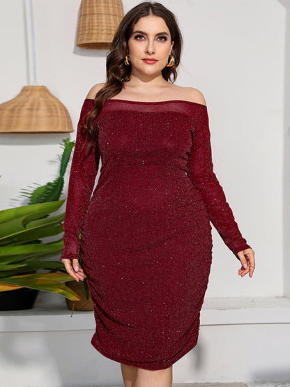 Plus Size Dresses- Elegant Plus Size Sparkle Off Shoulder Bodycon Dress- Wine Red- Pekosa Women Fashion