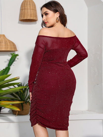 Plus Size Dresses- Elegant Plus Size Sparkle Off Shoulder Bodycon Dress- - Pekosa Women Fashion