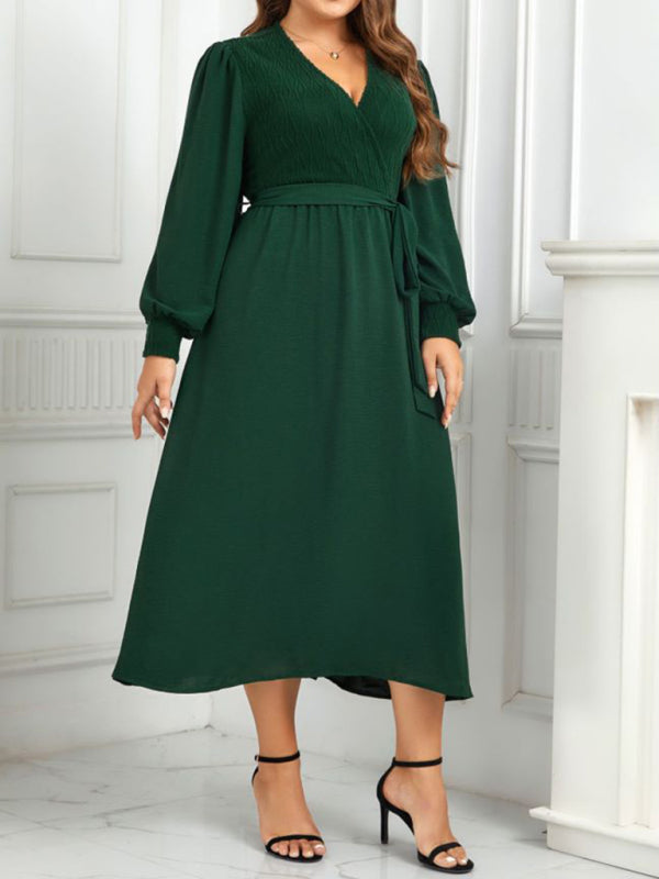 Plus Size Dresses- Solid A-Line Long Sleeve Belted Dress for Curvy Women- - Pekosa Women Fashion