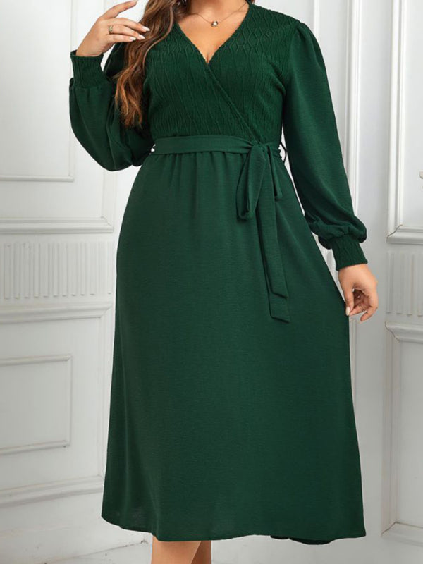 Plus Size Dresses- Solid A-Line Long Sleeve Belted Dress for Curvy Women- - Pekosa Women Fashion