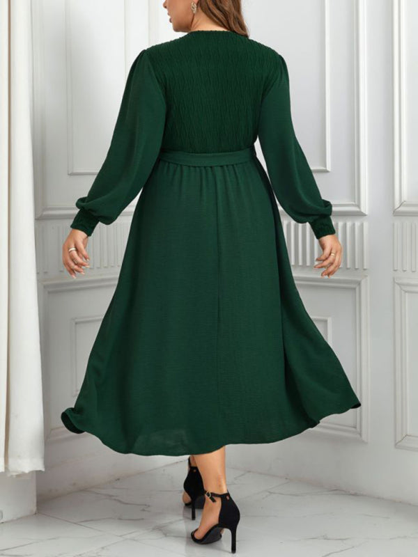 Plus Size Dresses- Solid A-Line Long Sleeve Belted Dress for Curvy Women- - Pekosa Women Fashion