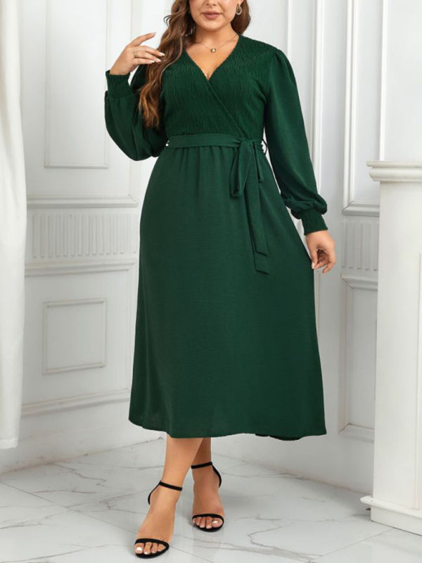 Plus Size Dresses- Solid A-Line Long Sleeve Belted Dress for Curvy Women- - Pekosa Women Fashion