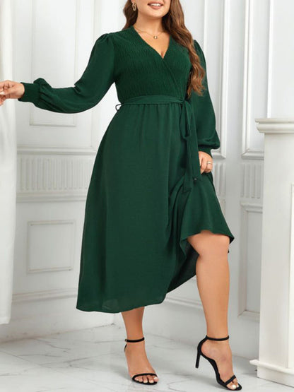 Plus Size Dresses- Solid A-Line Long Sleeve Belted Dress for Curvy Women- Green- Pekosa Women Fashion