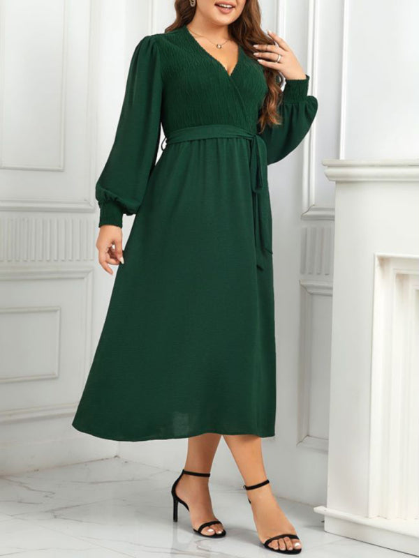 Plus Size Dresses- Solid A-Line Long Sleeve Belted Dress for Curvy Women- - Pekosa Women Fashion