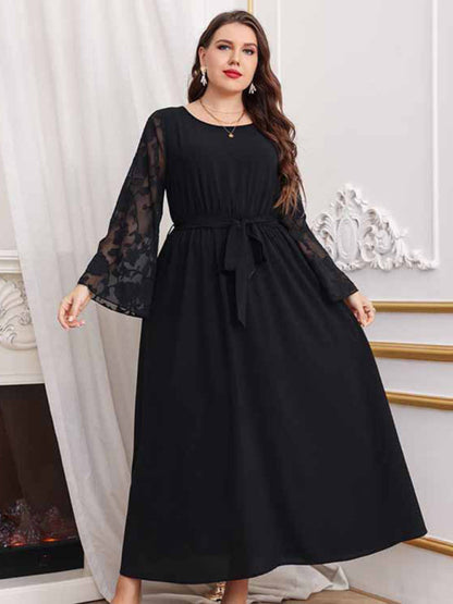 Plus Size Dresses- Solid Long Dress with Floral Mesh Sleeves for Curvy Queens- - Pekosa Women Fashion