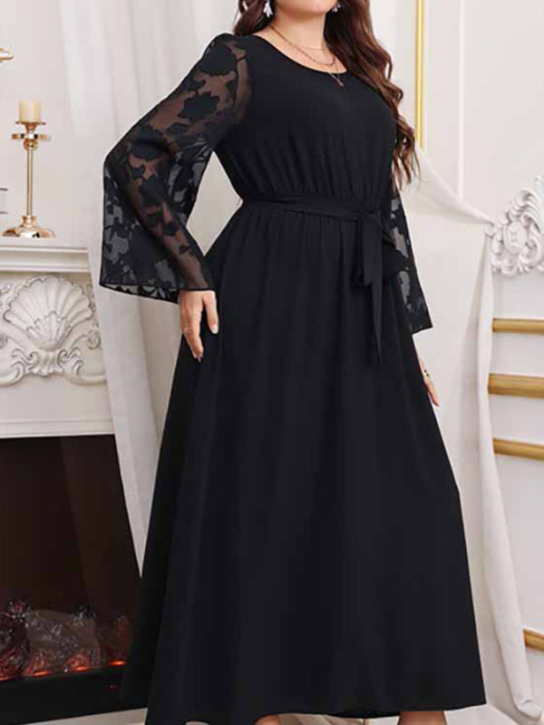 Plus Size Dresses- Solid Long Dress with Floral Mesh Sleeves for Curvy Queens- Black- Pekosa Women Fashion