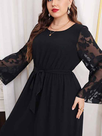 Plus Size Dresses- Solid Long Dress with Floral Mesh Sleeves for Curvy Queens- - Pekosa Women Fashion