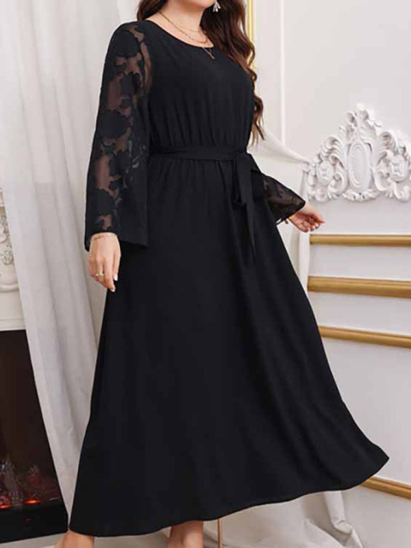 Plus Size Dresses- Solid Long Dress with Floral Mesh Sleeves for Curvy Queens- - Pekosa Women Fashion