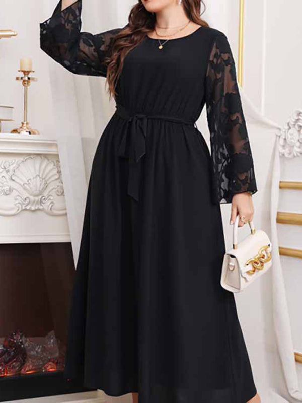 Plus Size Dresses- Solid Long Dress with Floral Mesh Sleeves for Curvy Queens- - Pekosa Women Fashion